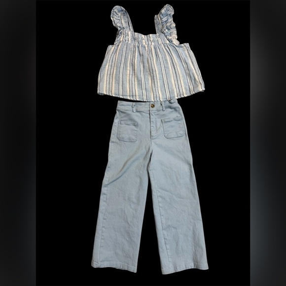 Girls Btween Two-Piece Blue and White Striped Top and Blue Pants Size 7 - Picture 1 of 6